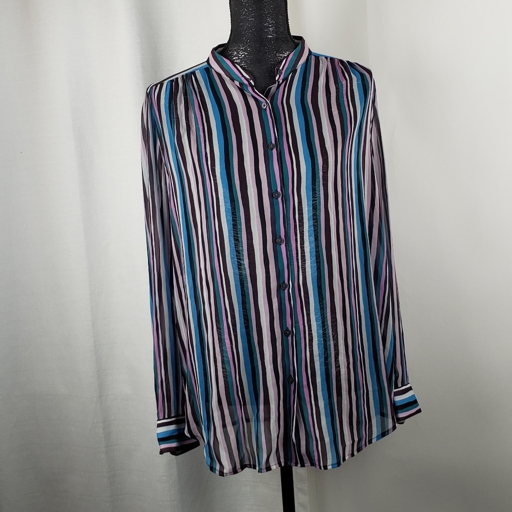 Loft Super Sheer Button Down Striped Blouse Large